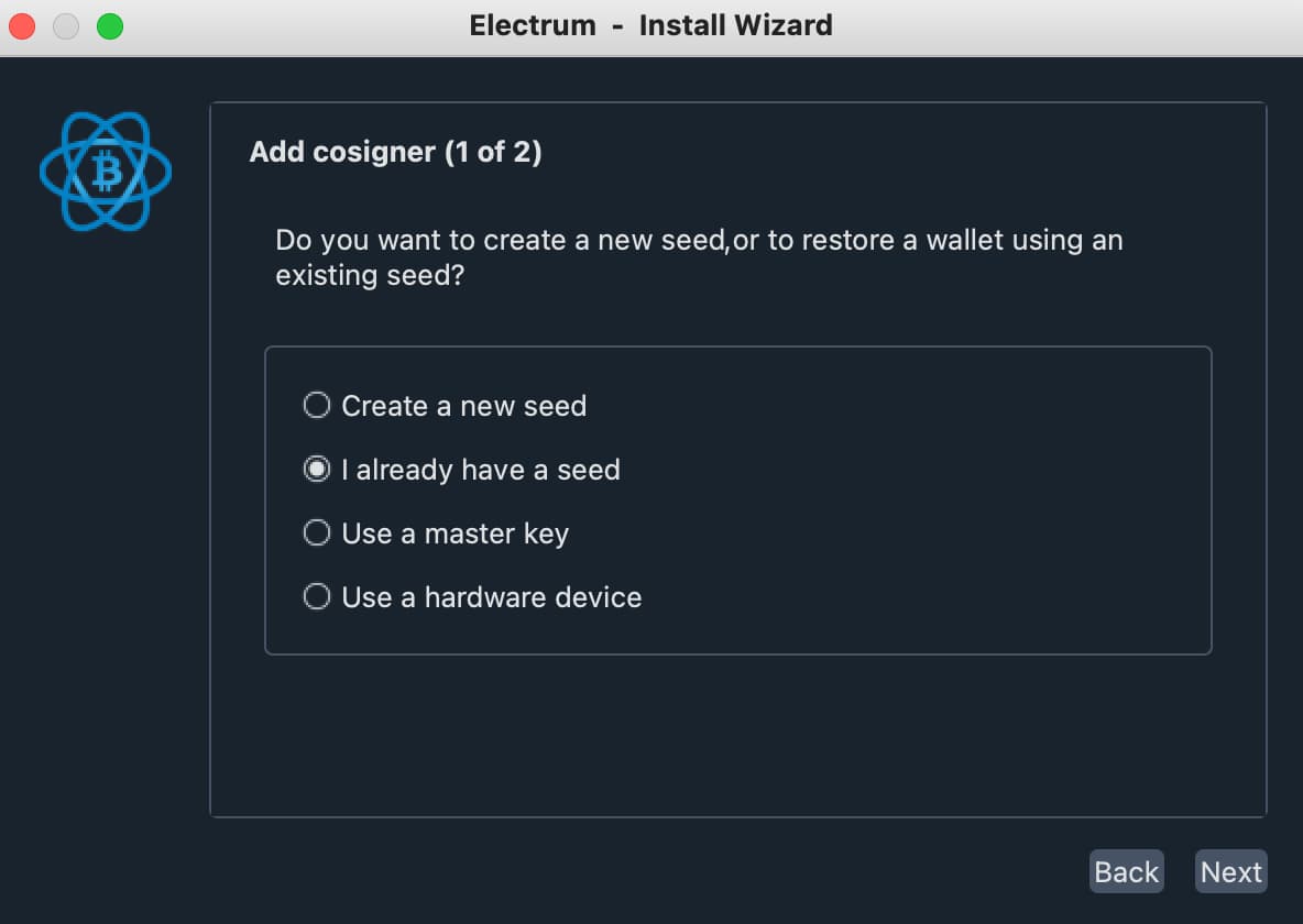 Next进入 Add consigner 步骤，选择 I already have a seed，输入第二个钱包的 Seed | 通俗易懂的比特币教程 - GinGers Inc. | 您最想要的高净值人士数据库来了！